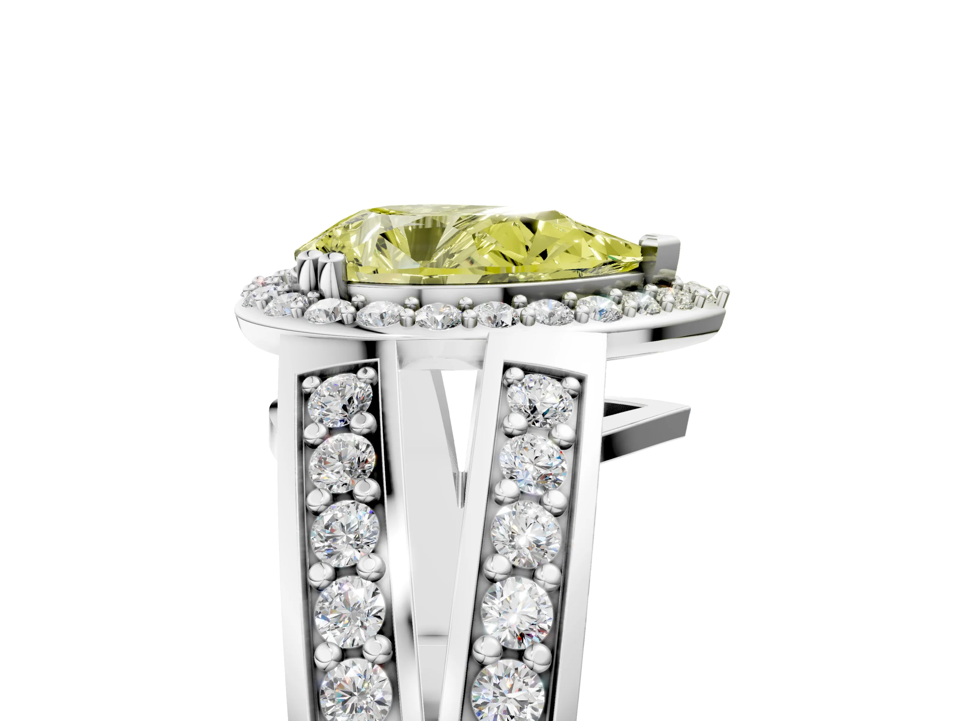 White gold Fancy Yellow Pear Cut Diamond Halo Ring with Split Shank Pavé Band and Four-Prong Setting_17