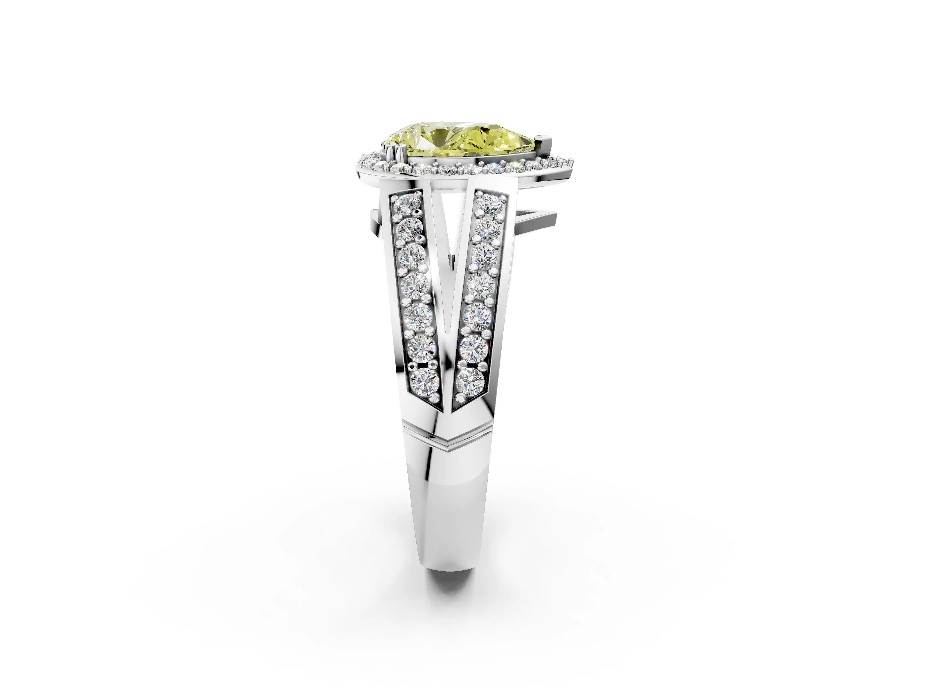 White gold Fancy Yellow Pear Cut Diamond Halo Ring with Split Shank Pavé Band and Four-Prong Setting_2