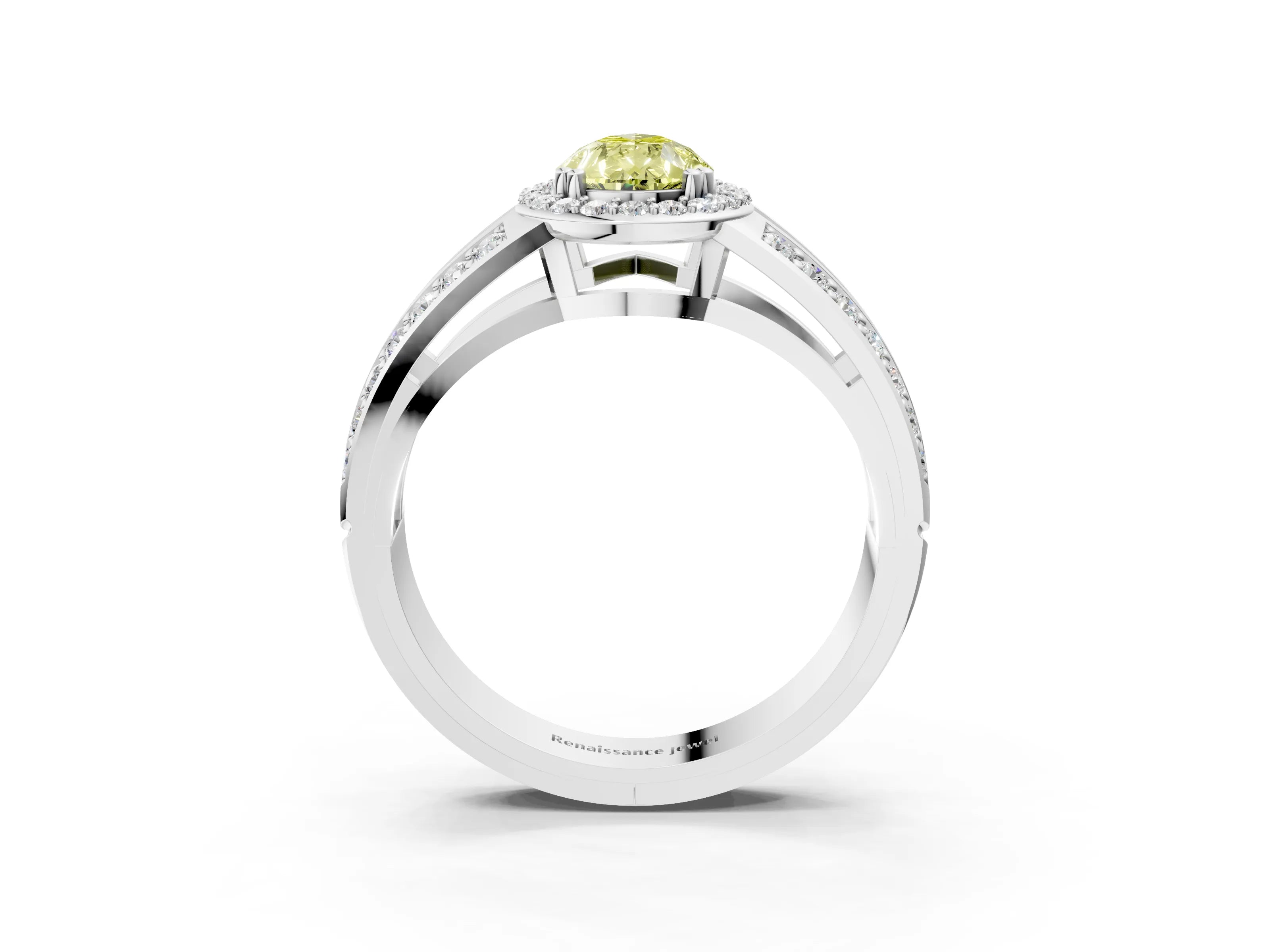 White gold Fancy Yellow Pear Cut Diamond Halo Ring with Split Shank Pavé Band and Four-Prong Setting_3