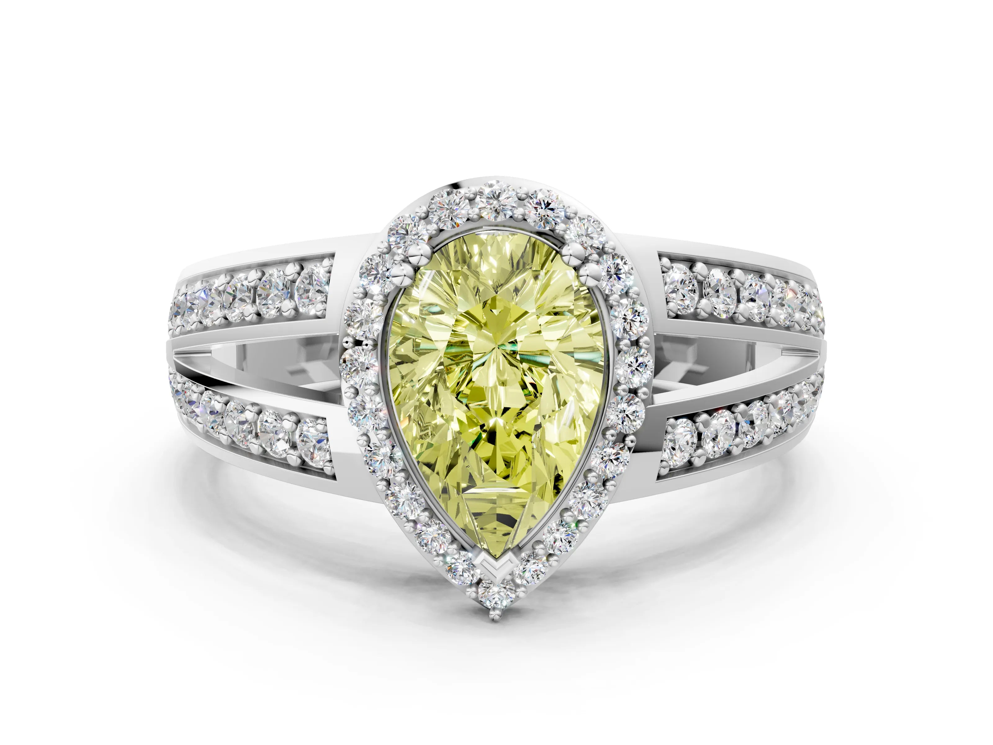 White gold Fancy Yellow Pear Cut Diamond Halo Ring with Split Shank Pavé Band and Four-Prong Setting