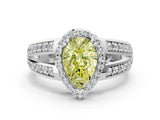 White gold Fancy Yellow Pear Cut Diamond Halo Ring with Split Shank Pavé Band and Four-Prong Setting