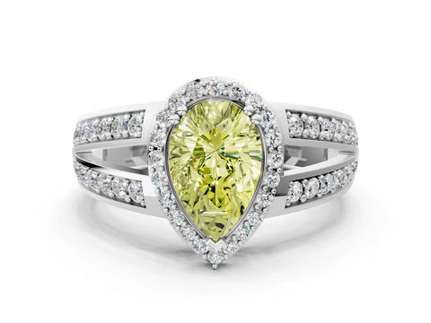 White gold Fancy Yellow Pear Cut Diamond Halo Ring with Split Shank Pavé Band and Four-Prong Setting