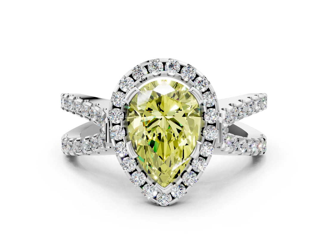 White gold Fancy Yellow Pear Cut Diamond Halo Ring with Split Shank Pavé Band and Prong Setting_79