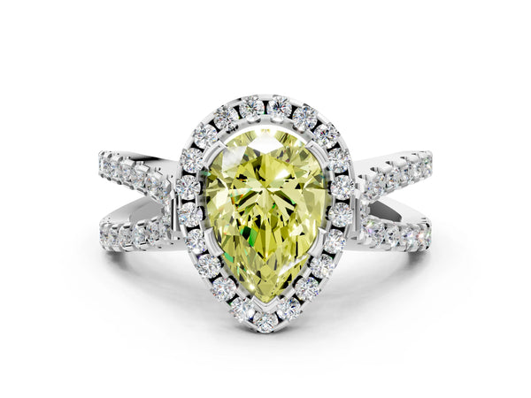 Platinum Fancy Yellow Pear Cut Diamond Halo Ring with Split Shank Pavé Band and Prong Setting
