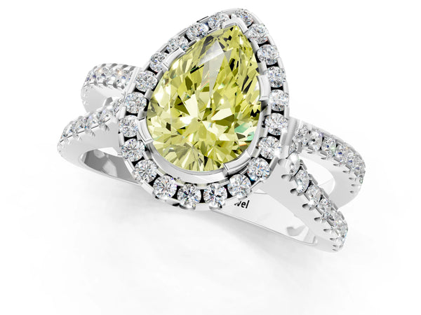 Platinum Fancy Yellow Pear Cut Diamond Halo Ring with Split Shank Pavé Band and Prong Setting