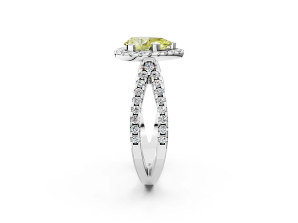 Platinum Fancy Yellow Pear Cut Diamond Halo Ring with Split Shank Pavé Band and Prong Setting