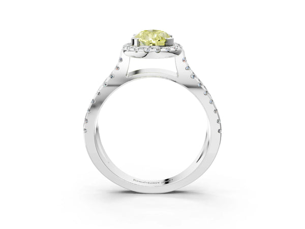 Platinum Fancy Yellow Pear Cut Diamond Halo Ring with Split Shank Pavé Band and Prong Setting