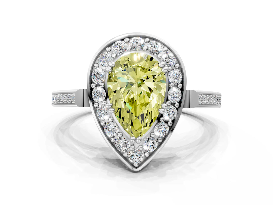 White gold Fancy Yellow Pear Cut Diamond Halo Ring with Split Shank and Four-Prong Setting_76