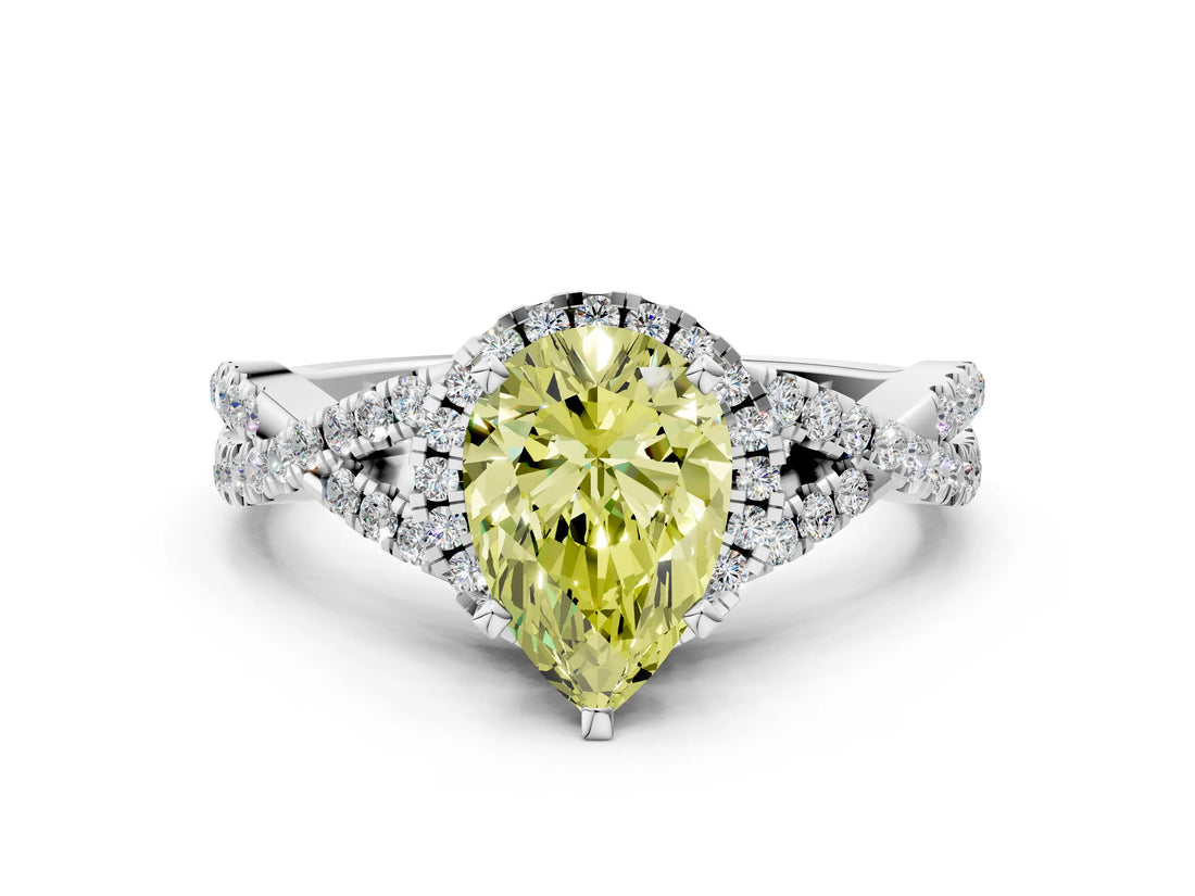 White gold Fancy Yellow Pear Cut Diamond  Halo Twist Band Solitaire Prong Setting Ring_49