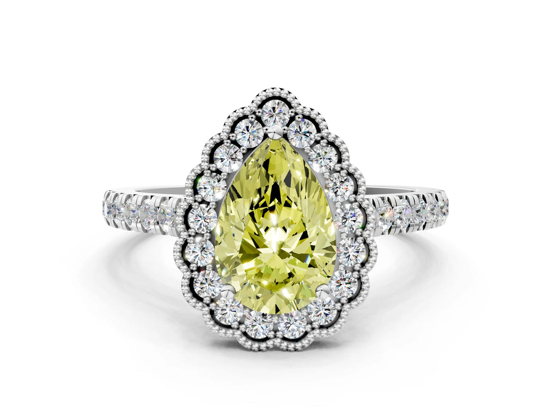 White gold Fancy Yellow Pear  Cut Diamond Milgrain Floral Halo Engagement Ring with Pavé Band_15