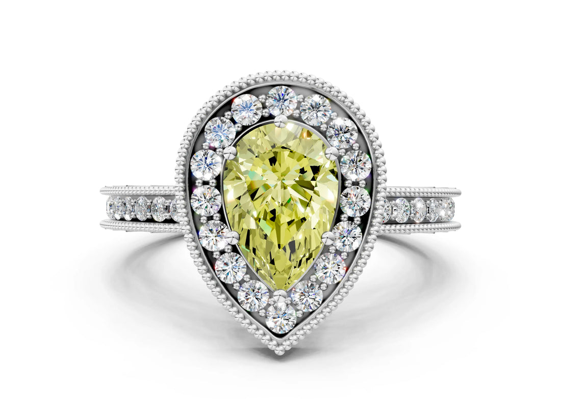 White gold Fancy Yellow Pear Cut Diamond Milgrain Halo Engagement Ring with Round Pavé Band and Prong Setting_12