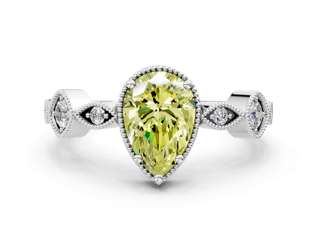 White gold Fancy Yellow Pear  Cut Diamond Milgrain Marquise Band with Prong Setting_3