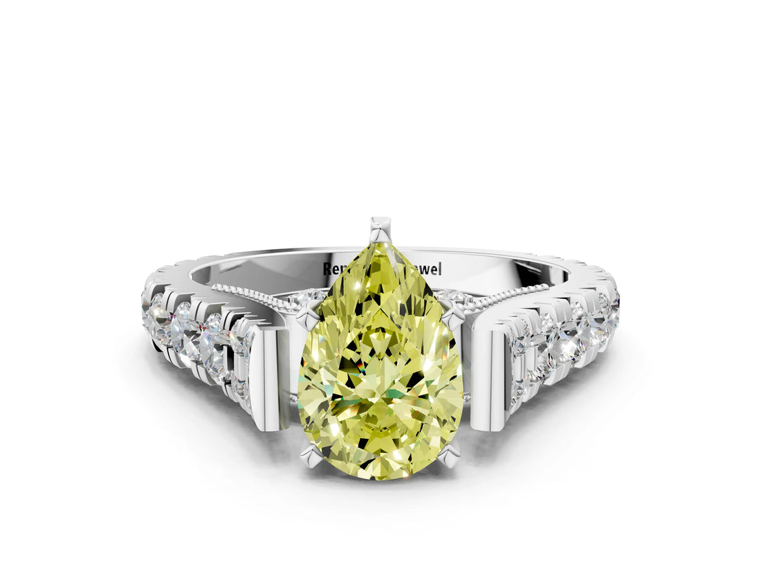 White gold Fancy Yellow Pear  Cut Diamond Pavé Band Solitaire with Four-Prong Setting_15