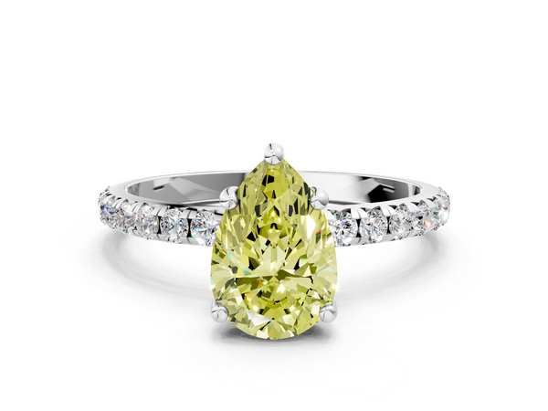 Platinum Fancy Yellow Pear  Cut Diamond Solitaire Ring with Micro Pave Band and Four Prong Setting