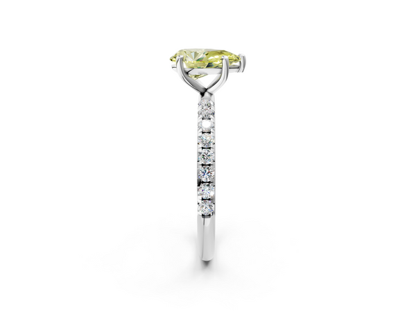 Platinum Fancy Yellow Pear  Cut Diamond Solitaire Ring with Micro Pave Band and Four Prong Setting
