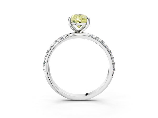 Platinum Fancy Yellow Pear  Cut Diamond Solitaire Ring with Micro Pave Band and Four Prong Setting