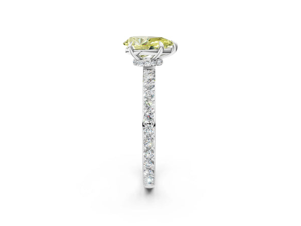 White Gold Pear-Shaped Hidden Halo Pave Engagement Ring Setting for Fancy Yellow Center with Slim Accent Band