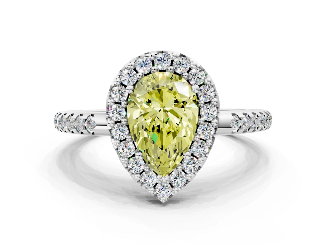 White gold Fancy Yellow Pear Cut Diamond Pavé Halo Ring with Four-Prong Setting_48