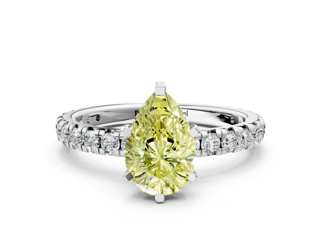 White gold Fancy Yellow Pear Cut Diamond Pavé Solitaire Ring with Round Band and Prong Setting_13