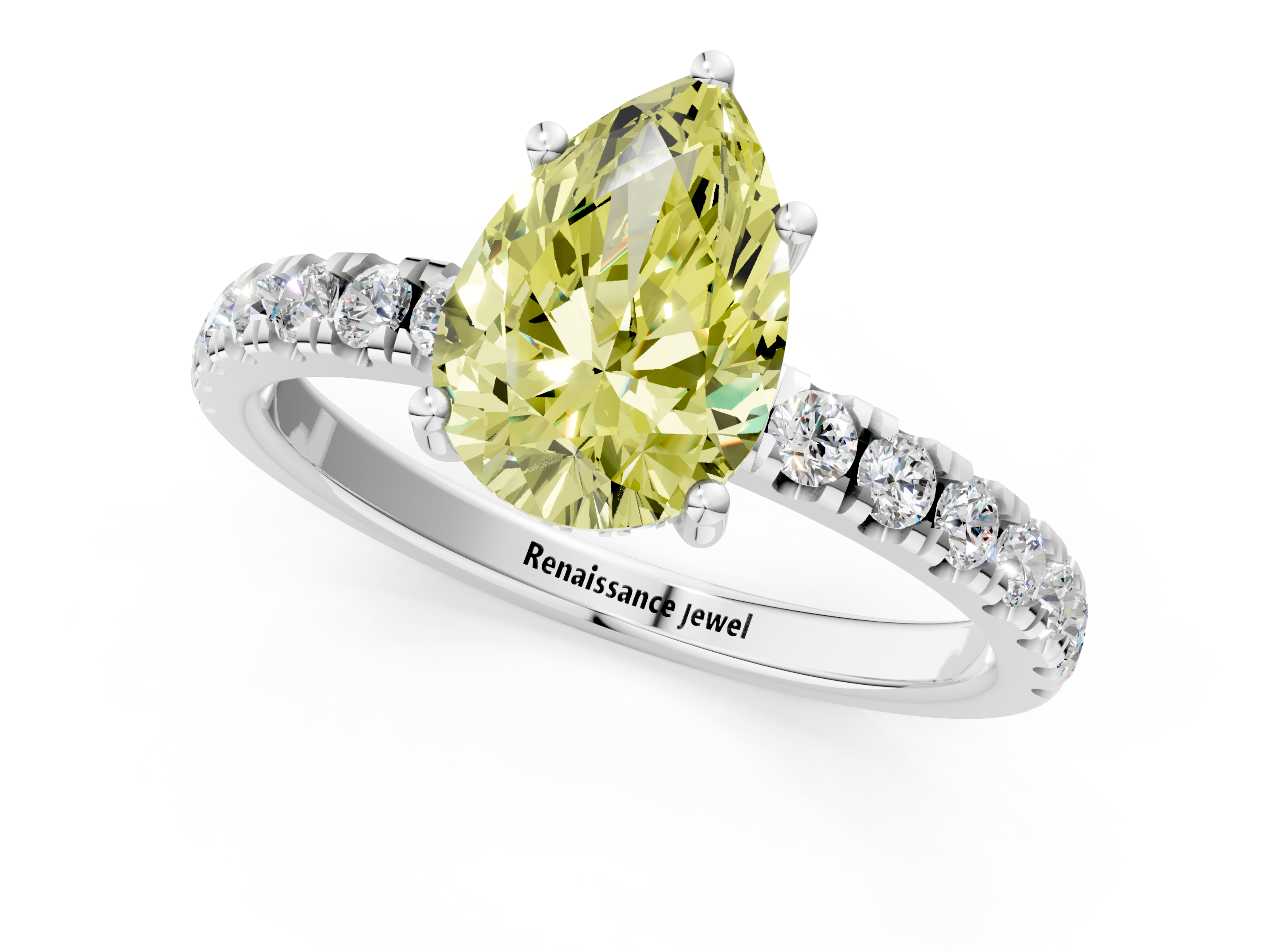 White gold Fancy Yellow Pear  Cut Diamond Pave Band Solitaire Ring with Four-Prong Setting_25