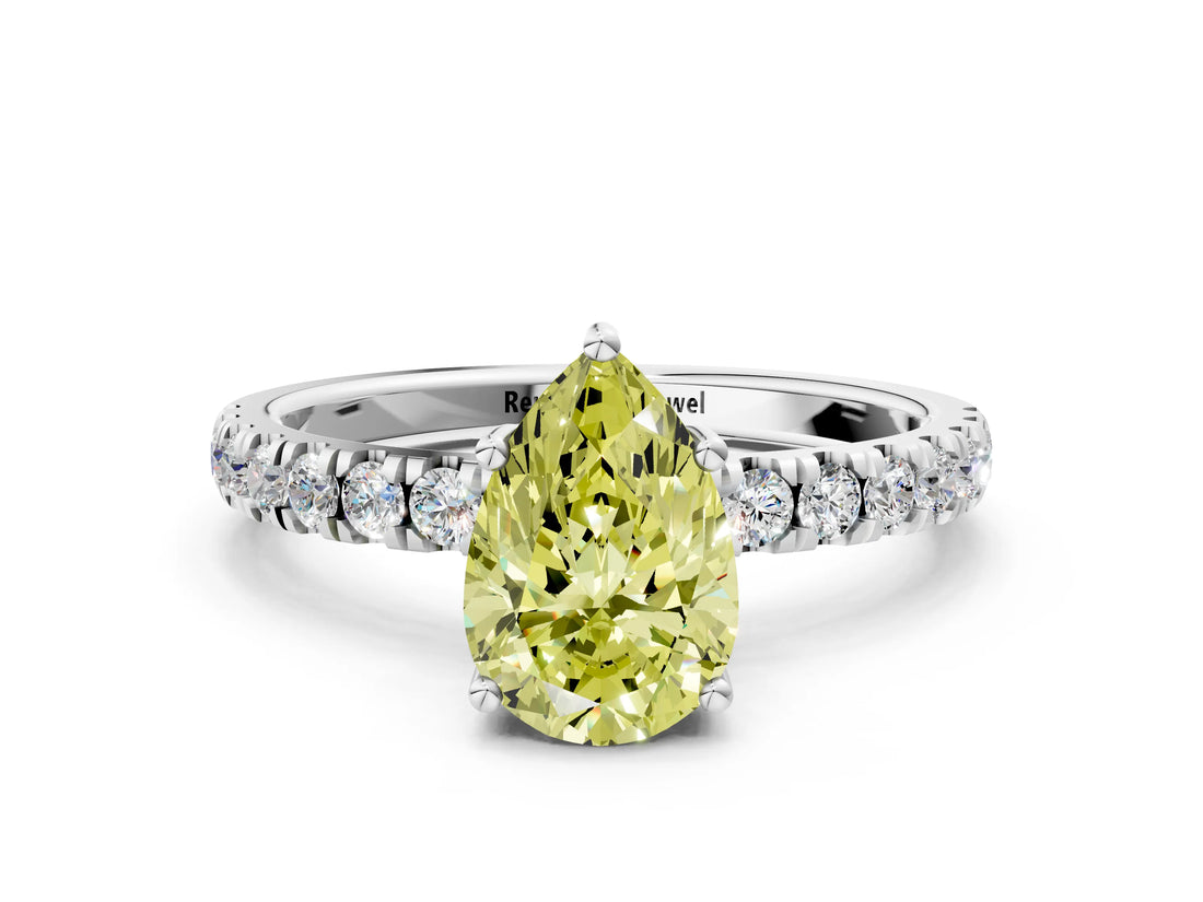 White gold Fancy Yellow Pear Cut Diamond Pave Band Solitaire Ring with Round  and Prong Setting_143