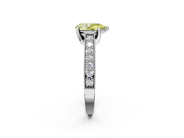 White gold Fancy Yellow Pear  Cut Diamond Solitaire Ring with Milgrain Pave Band and Four Prong Setting
