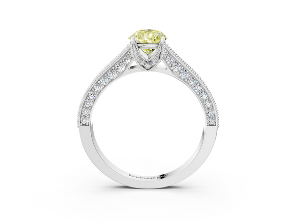 White gold Fancy Yellow Pear  Cut Diamond Solitaire Ring with Milgrain Pave Band and Four Prong Setting