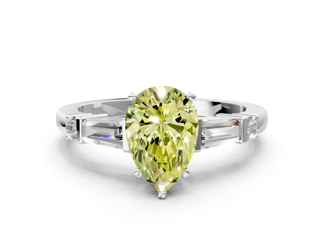 White gold Fancy Yellow Pear  Cut Diamond Ring with Baguette Side Stones, Channel Set Band, and Four-Prong Setting_3