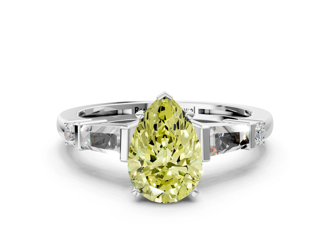 White gold Fancy Yellow Pear  Cut Diamond Ring with Baguette Side Stones, Channel Set Band, and Four-Prong Setting_36