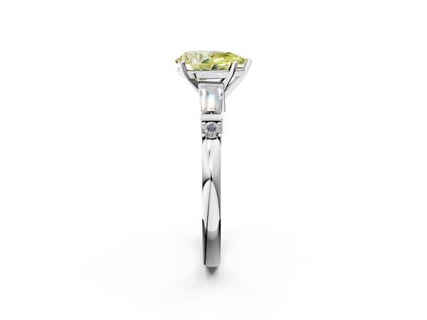 Platinum Fancy Yellow Pear  Cut Diamond Ring with Baguette Side Stones, Channel Set Band, and Four-Prong Setting