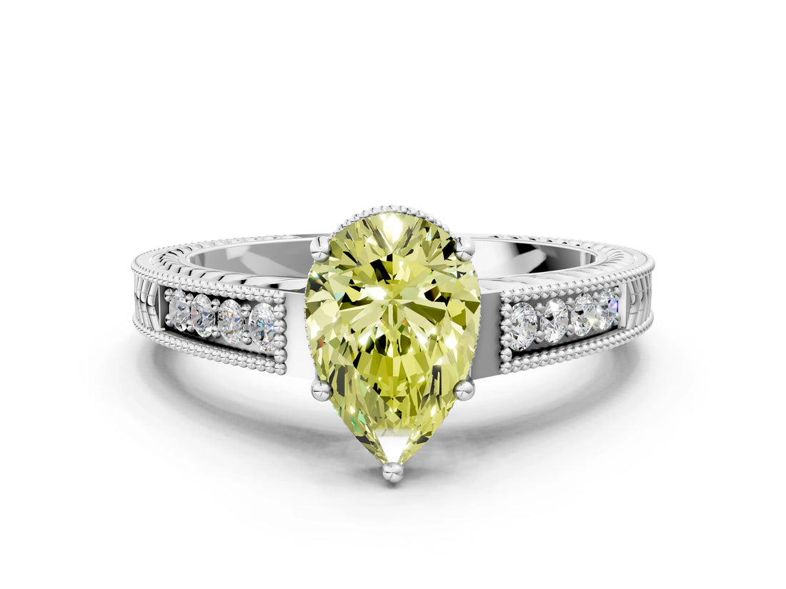 White gold Fancy Yellow Pear Cut Diamond Ring with Milgrain Pavé Band and Four-Prong Setting_31