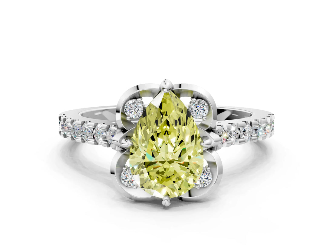 White gold Fancy Yellow Pear Cut Diamond Ring with Pavé Band and Floral Prong Setting_39