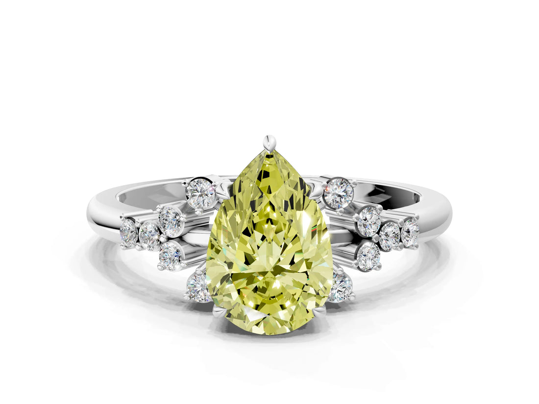 White gold Fancy Yellow Pear Cut Diamond Ring with Side Stones and Four-Prong Setting_137