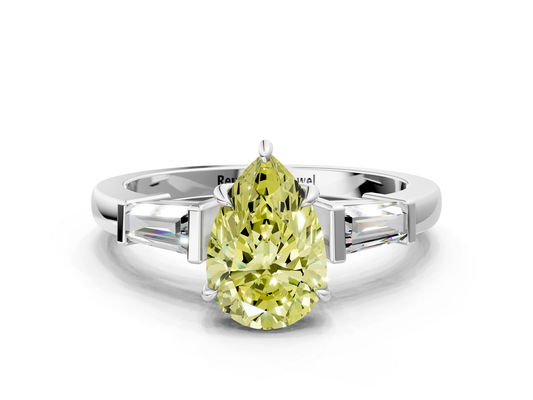 White gold Fancy Yellow Pear  Cut Diamond Ring with Tapered Baguette Side Stones in Four-Prong Setting_3