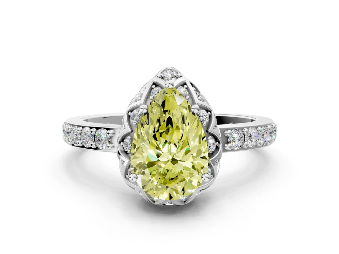 White gold Fancy Yellow Pear Cut Diamond Scalloped Halo Engagement Ring with Round Shared Prong Band_42