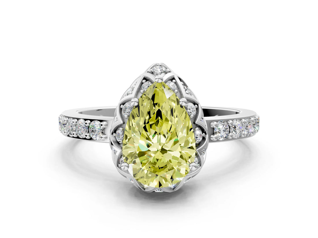 White gold Fancy Yellow Pear Cut Diamond Scalloped Halo Engagement Ring with Round Shared Prong Band_54