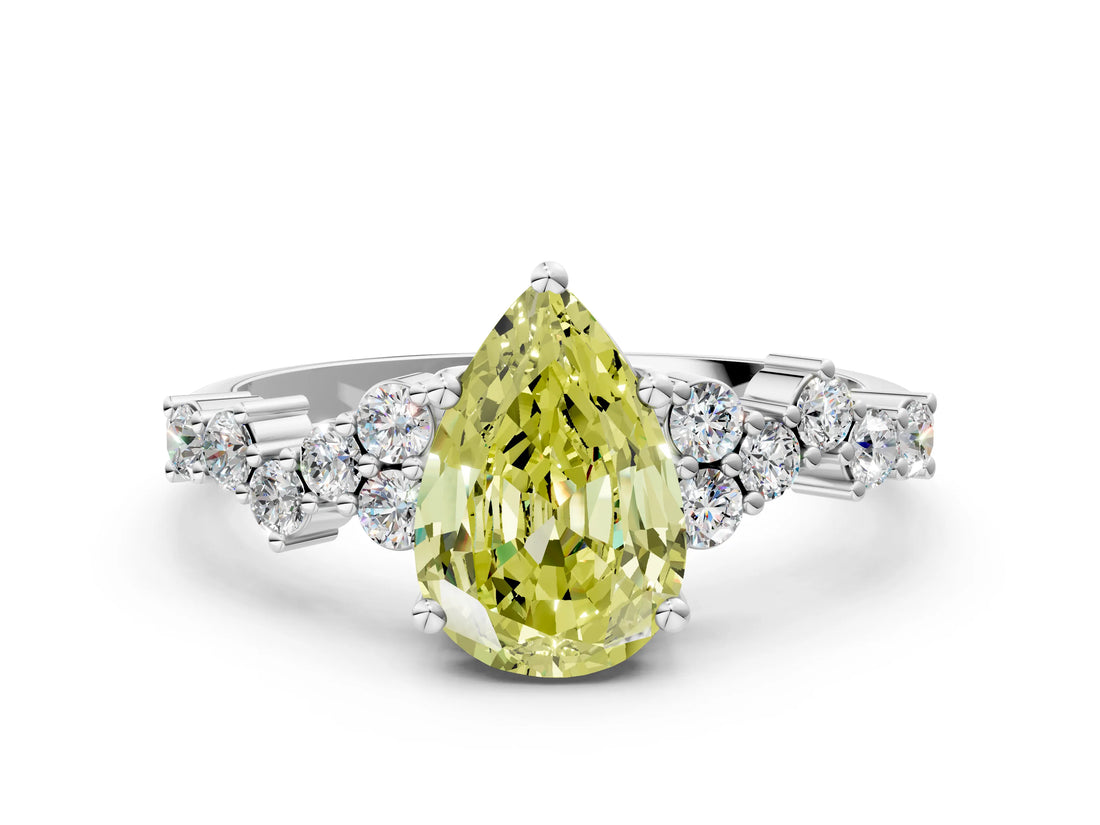 White gold Fancy Yellow Pear Cut Diamond Scattered Round Accent Ring with Prong Setting_13