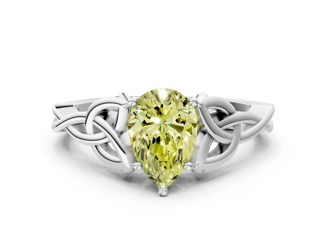 White gold Fancy Yellow Pear Cut Diamond Solitaire Celtic Knot Ring with Four-Prong Setting_53
