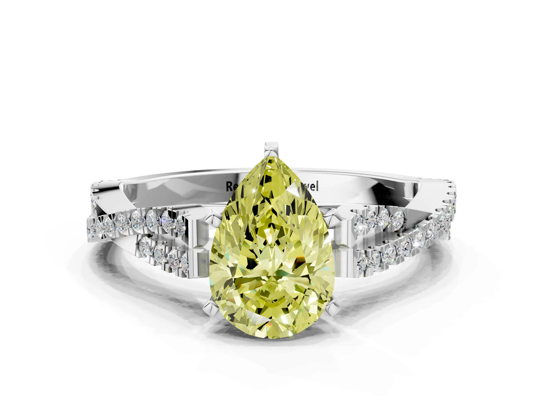 White gold Fancy Yellow Pear Cut Diamond Solitaire Engagement Ring with Twisted Pavé Band and Four-Prong Setting_91