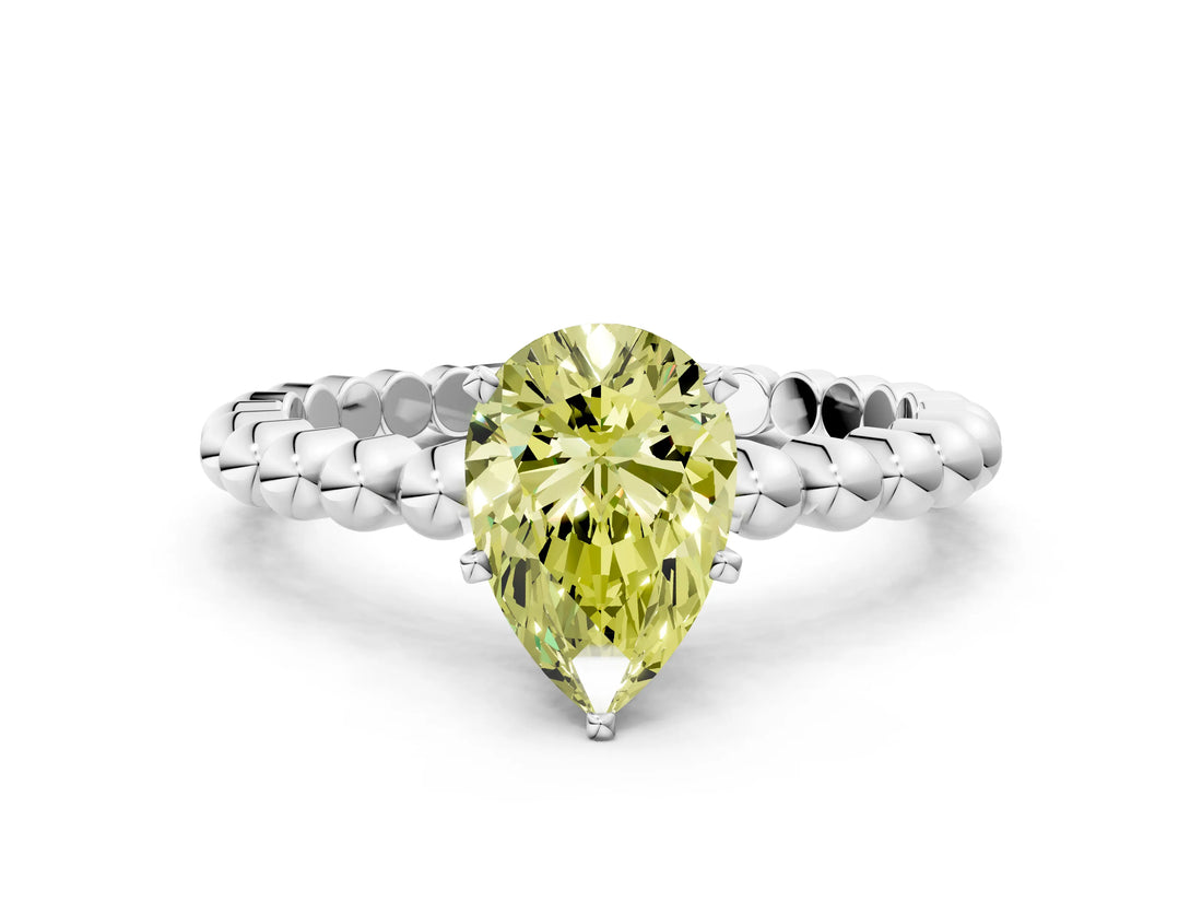 White gold Fancy Yellow Pear Cut Diamond Solitaire Ring with Beaded Band and Prong Setting_380