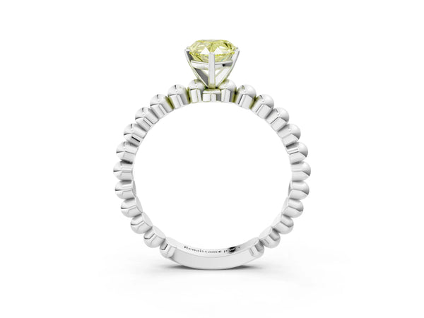 Platinum Fancy Yellow Pear Cut Diamond Solitaire Ring with Beaded Band and Prong Setting