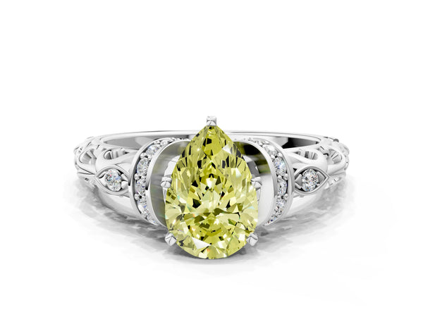 White gold Fancy Yellow Pear Cut Diamond Solitaire Ring with Filigree Band and Four-Prong Setting