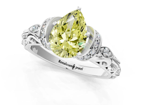 White gold Fancy Yellow Pear Cut Diamond Solitaire Ring with Filigree Band and Four-Prong Setting
