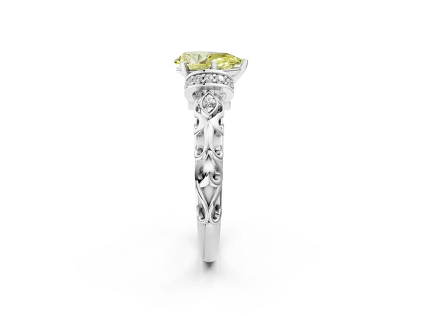 White gold Fancy Yellow Pear Cut Diamond Solitaire Ring with Filigree Band and Four-Prong Setting