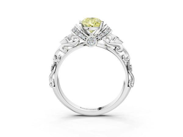 White gold Fancy Yellow Pear Cut Diamond Solitaire Ring with Filigree Band and Four-Prong Setting