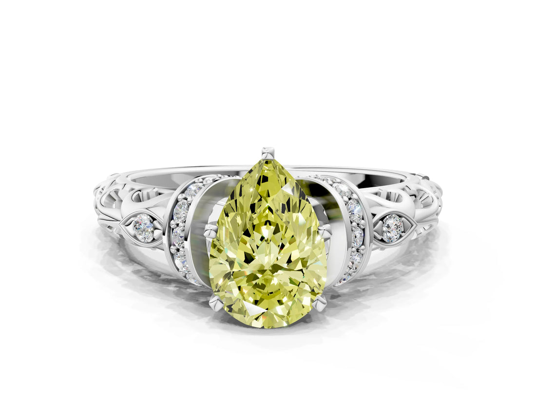 White gold Fancy Yellow Pear Cut Diamond Solitaire Ring with Filigree Band and Four-Prong Setting_76