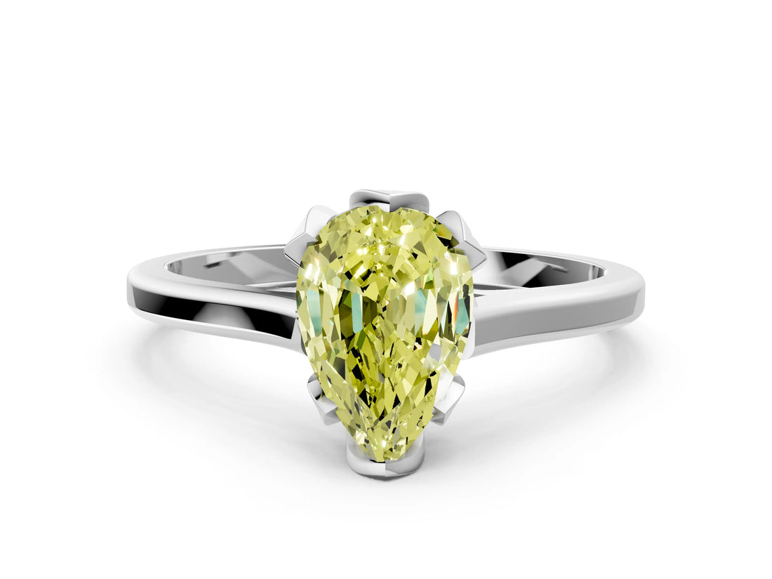White gold Fancy Yellow Pear Cut Diamond Solitaire Ring with Flower Prong Setting and Classic Band_21