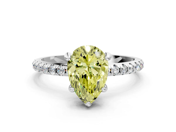 White gold Fancy Yellow Pear Cut Diamond Solitaire Ring with Four-Prong Setting and Pavé Band