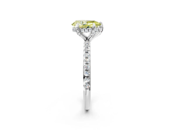 White gold Fancy Yellow Pear Cut Diamond Solitaire Ring with Four-Prong Setting and Pavé Band