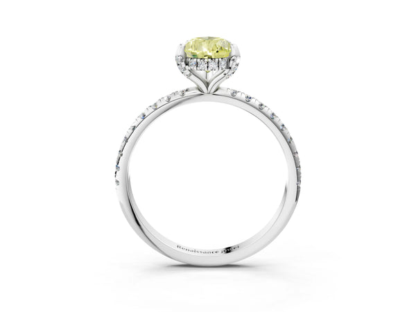 White gold Fancy Yellow Pear Cut Diamond Solitaire Ring with Four-Prong Setting and Pavé Band